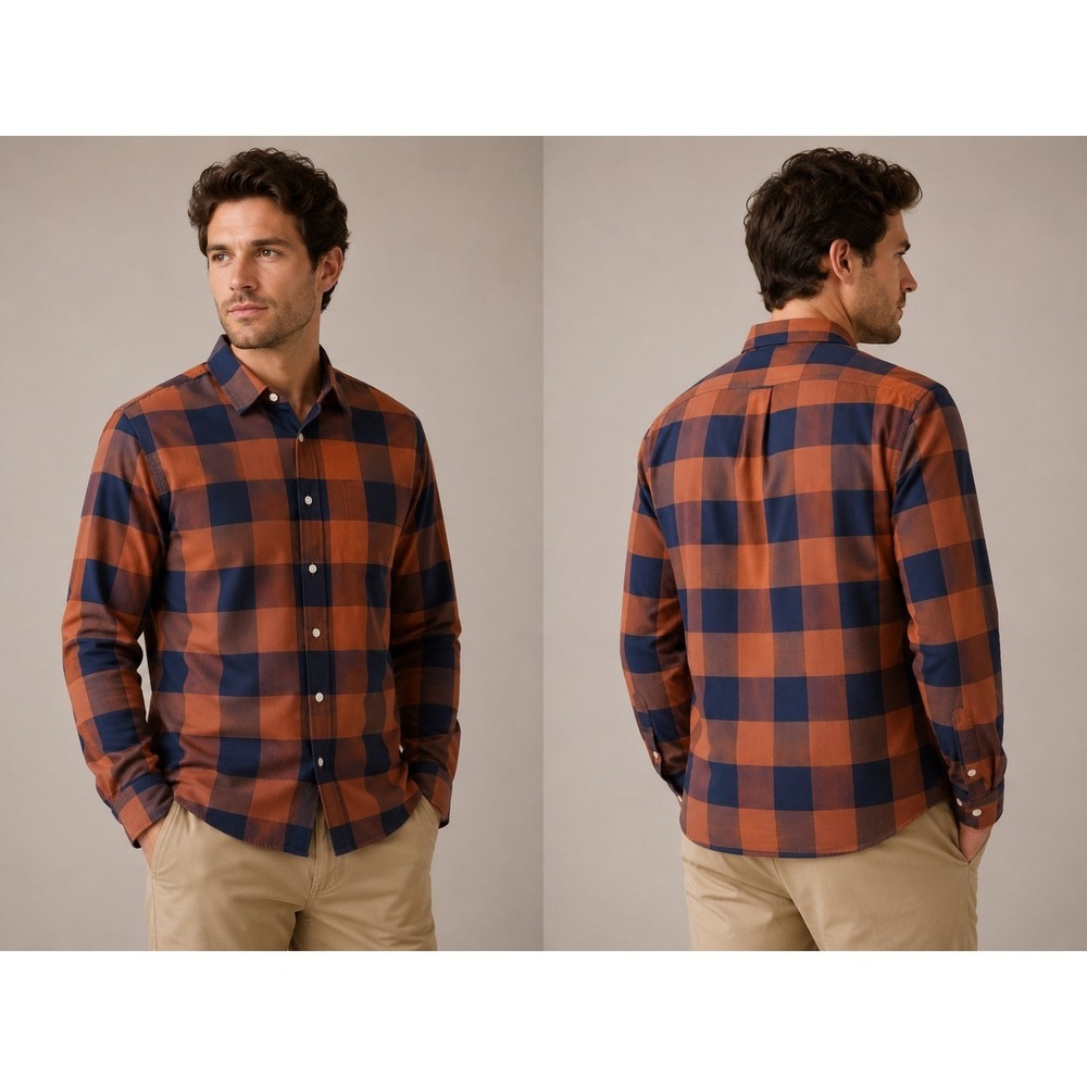 Hart Schaffner Marx XL Orange‎ Blue Plaid Button Front Comfort Stretch Shirt